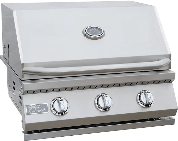 The Kokomo Grills 26-Inch Built-In Gas Grill (3 Burner) by Kokomo Grills features stainless steel construction, three control knobs, a lid-mounted thermometer, and a modern rectangular design—ideal for outdoor kitchens.
