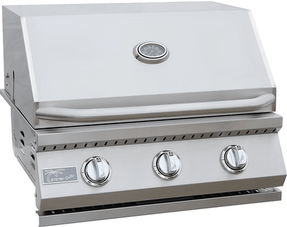 The Kokomo Grills 26-Inch Built-In Gas Grill (3 Burner) by Kokomo Grills features stainless steel construction, three control knobs, a lid-mounted thermometer, and a modern rectangular design—ideal for outdoor kitchens.