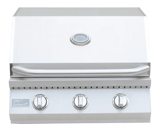 The Kokomo Grills 26-Inch Built-In Gas Grill features three burners, a stainless steel build, closed lid, built-in thermometer, and front control knobs—ideal as a sleek addition to any outdoor kitchen.