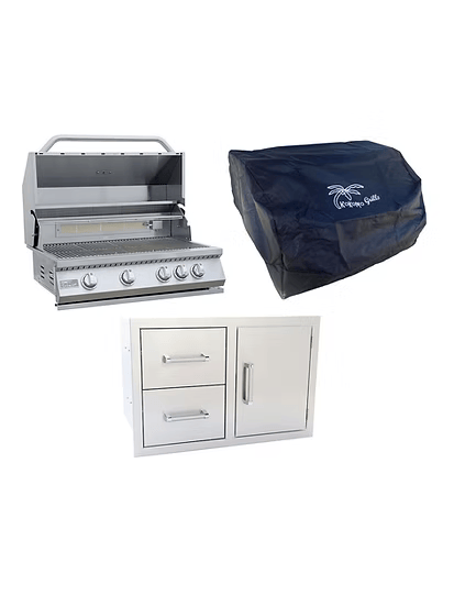 The Kokomo Grills 3-Piece Outdoor Kitchen Set includes a stainless steel grill, double drawer and door storage unit, and a navy cover with white palm tree logo—ideal for any outdoor kitchen or built-in BBQ setup.