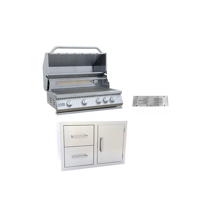 The Kokomo Grills 3-Piece Outdoor Kitchen Set includes a built-in grill, storage drawers, and a vent, all in stainless steel by Kokomo Grills, shown isolated on a white background.