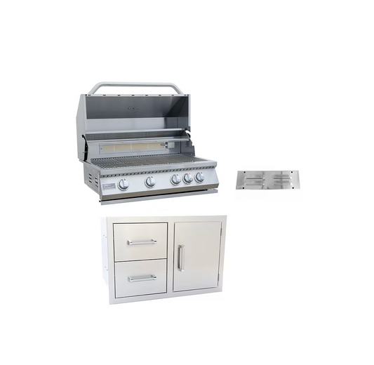 The Kokomo Grills 3-Piece Outdoor Kitchen Set includes a built-in grill, storage drawers, and a vent, all in stainless steel by Kokomo Grills, shown isolated on a white background.