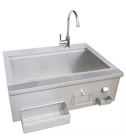 The Kokomo Grills 30” Built-In Bartender Cocktail Station features a stainless steel sink, bottle opener, ice chest, and side shelf—perfect for versatile prep and cleanup in outdoor kitchens or as a farmhouse-style bar sink.