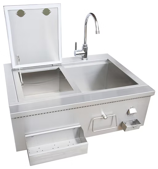 The Kokomo Grills 30” Built-In Bartender Cocktail Station features a stainless steel sink, two deep basins, tall faucet, hinged lid, towel rack, soap dispenser, pull-out tray, bottle opener, and ice chest—perfect for entertaining.