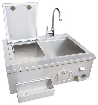 The Kokomo Grills 30” Built-In Bartender Cocktail Station features a stainless steel sink, two deep basins, tall faucet, hinged lid, towel rack, soap dispenser, pull-out tray, bottle opener, and ice chest—perfect for entertaining.