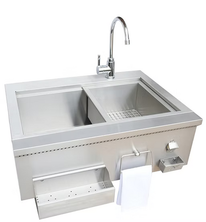 The Kokomo Grills 30” Built-In Bartender Cocktail Station features a sink, bottle opener, and ice chest, all in one unit by Kokomo Grills, isolated on a white background.
