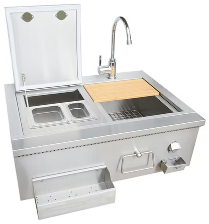 The Kokomo Grills 30” Built-In Bartender Cocktail Station features a stainless steel sink, bottle opener, ice chest, and covered compartments—ideal for outdoor kitchens and convenient beverage prep.