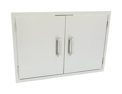 The Kokomo Grills 30-Inch Stainless Steel Double Access Doors (KO-ADD30) feature sleek double doors with vertical handles, ideal for outdoor kitchen storage and adding a modern touch to your setup.