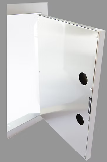 A white metal cabinet with an open door, showing a plain interior and two round holes, offers a great alternative to the Kokomo Grills 30-Inch Stainless Steel Double Access Doors KO-ADD30 by Kokomo Grills, set against a gray background.