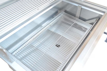 Close-up of a Kokomo Grills 32-Inch Built-In Charcoal Grill with clean 304 stainless steel grates and a lower tray, perfect for outdoor kitchens, photographed from above at an angle.