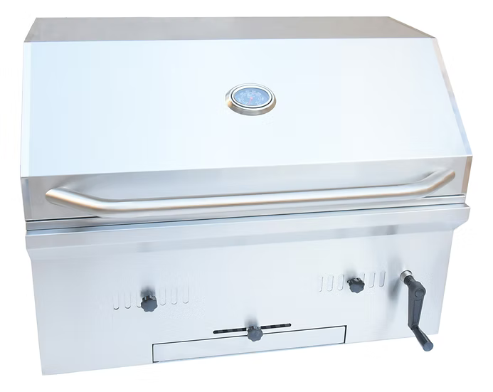 The Kokomo Grills 32-Inch Built-In Charcoal Grill features durable 304 stainless steel, a closed lid with temperature gauge, large front handle, control knobs, vents, and crank handle—perfect for any outdoor kitchen setup.