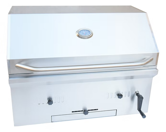 The Kokomo Grills 32-Inch Built-In Charcoal Grill features durable 304 stainless steel, a closed lid with temperature gauge, large front handle, control knobs, vents, and crank handle—perfect for any outdoor kitchen setup.