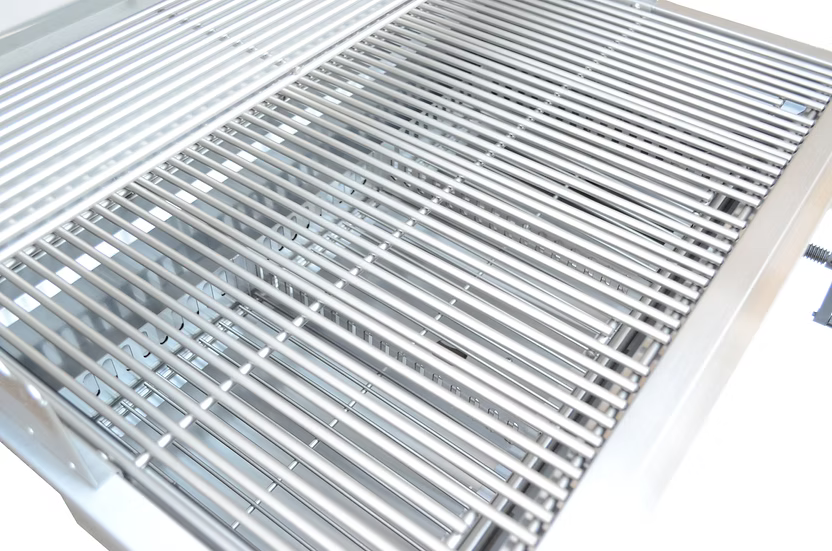 Close-up of a clean, shiny 304 stainless steel grate with parallel bars, part of the Kokomo Grills 32-Inch Built-In Charcoal Grill—ideal for your outdoor kitchen.