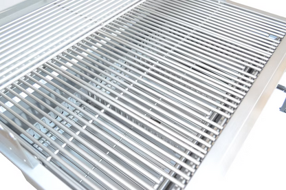 Close-up of a clean, shiny 304 stainless steel grate with parallel bars, part of the Kokomo Grills 32-Inch Built-In Charcoal Grill—ideal for your outdoor kitchen.