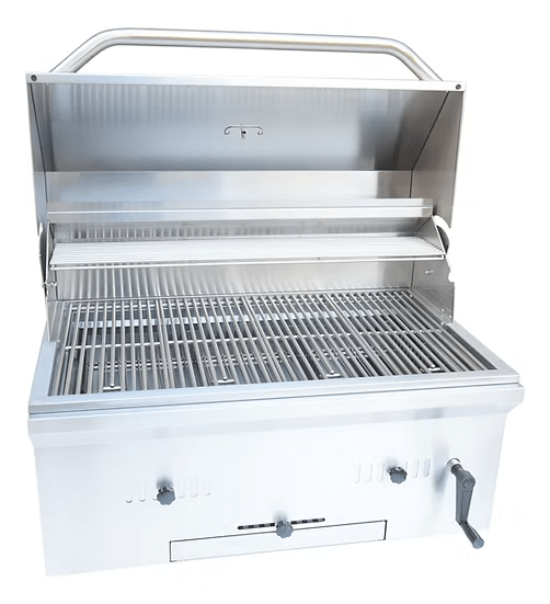 The Kokomo Grills 32-Inch Built-In Charcoal Grill by Kokomo Grills features 304 stainless steel, a raised lid, spacious grilling area, side handle, and front control knobs—ideal for upgrading your outdoor kitchen and grilling experience.