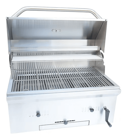 The Kokomo Grills 32-Inch Built-In Charcoal Grill by Kokomo Grills features 304 stainless steel, a raised lid, spacious grilling area, side handle, and front control knobs—ideal for upgrading your outdoor kitchen and grilling experience.
