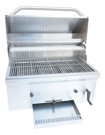 The Kokomo Grills 32-Inch Built-In Charcoal Grill by Kokomo Grills, crafted from 304 stainless steel, features an open lid, metal grates, adjustable knobs, a removable drip tray, and a crank handle—perfect for outdoor kitchens. White background shown.