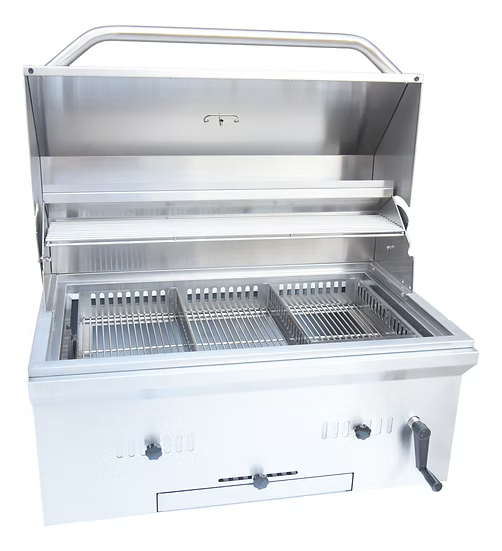 The Kokomo Grills 32-Inch Built-In Charcoal Grill features durable 304 stainless steel, an open lid, multiple grill racks, front control knobs, and a sturdy handle—perfect for any outdoor kitchen.