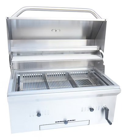 The Kokomo Grills 32-Inch Built-In Charcoal Grill features durable 304 stainless steel, an open lid, multiple grill racks, front control knobs, and a sturdy handle—perfect for any outdoor kitchen.