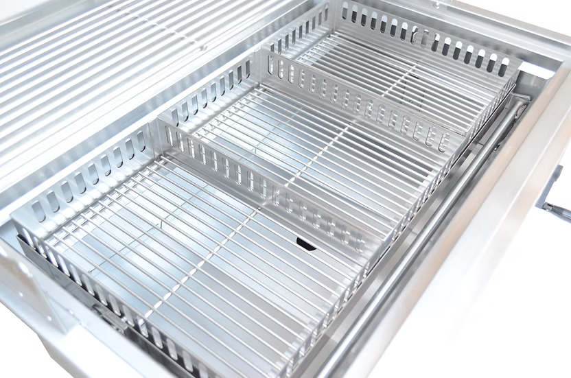 Close-up of an empty 304 stainless steel grill drawer with adjustable wire racks and dividers—ideal for outdoor kitchens or pairing with the Kokomo Grills 32-Inch Built-In Charcoal Grill, featuring a sleek silver finish.