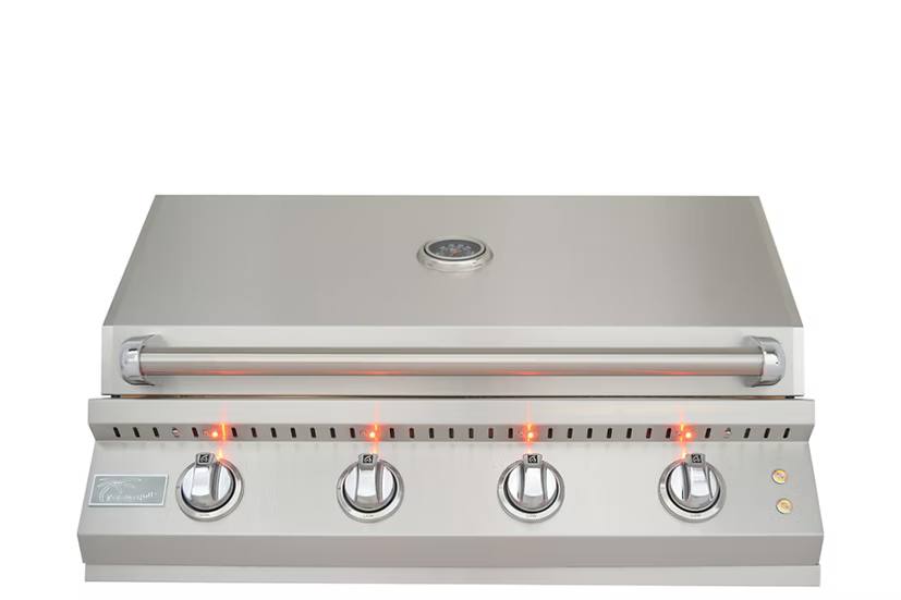 The Kokomo Grills 32-Inch Elite Built-In Gas Grill (4 Burner) features a stainless steel exterior, built-in thermometer on the closed lid, and four illuminated control knobs—ideal for any outdoor kitchen.