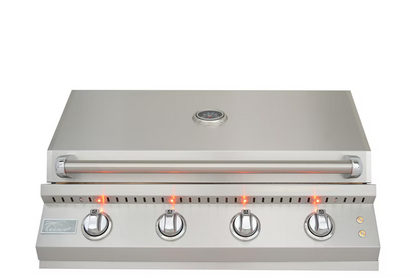 The Kokomo Grills 32-Inch Elite Built-In Gas Grill (4 Burner) features a stainless steel exterior, built-in thermometer on the closed lid, and four illuminated control knobs—ideal for any outdoor kitchen.