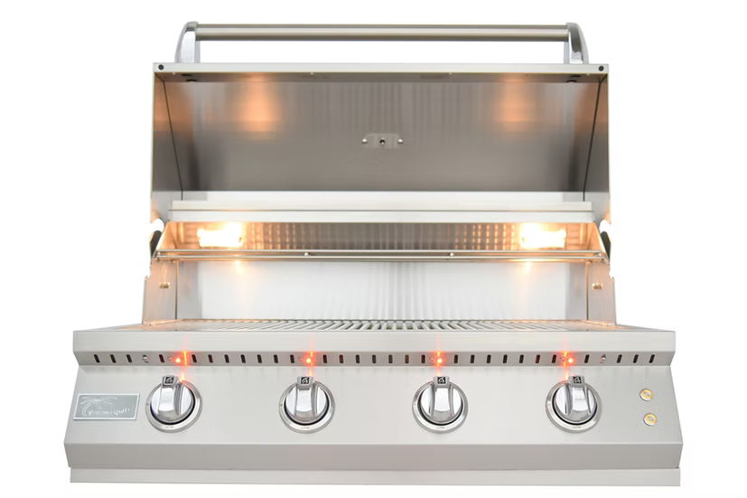 The Kokomo Grills 32-Inch Elite Built-In Gas Grill (4 Burner) features four control knobs, interior lights, and an open lid with an empty grilling surface—a perfect addition to any outdoor kitchen.