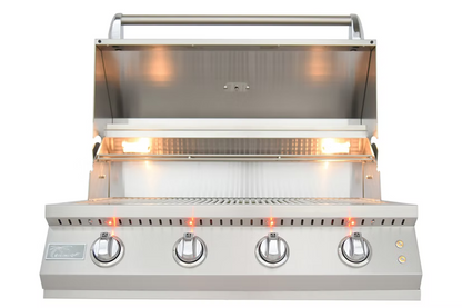 The Kokomo Grills 32-Inch Elite Built-In Gas Grill (4 Burner) features four control knobs, interior lights, and an open lid with an empty grilling surface—a perfect addition to any outdoor kitchen.