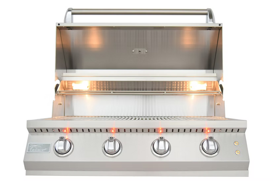 The Kokomo Grills 32-Inch Elite Built-In Gas Grill (4 Burner) features four control knobs, interior lights, and an open lid with an empty grilling surface—a perfect addition to any outdoor kitchen.