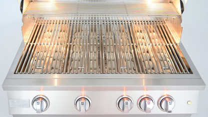 A close-up of the Kokomo Grills 32-Inch Professional Built-In Gas Grill (4 Burner) features four control knobs, bright interior lighting, stainless steel grates, and an upper warming rack—ideal for any outdoor kitchen.
