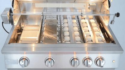The Kokomo Grills 32-Inch Professional Built-In Gas Grill (4 Burner) by Kokomo Grills features four burners, a rotisserie kit, multiple cooking zones, and ceramic flame tamers—ideal as the centerpiece for any outdoor kitchen.