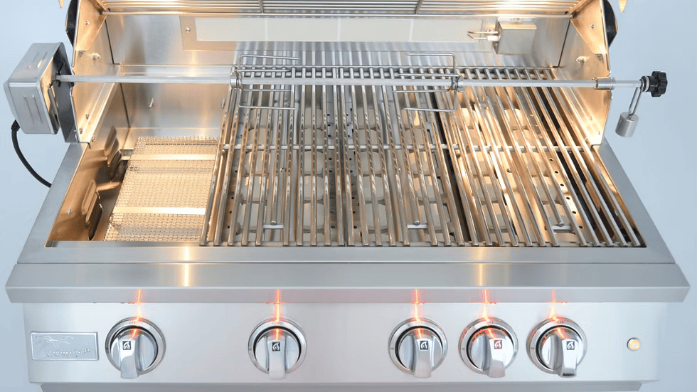 The Kokomo Grills 32-Inch Professional Built-In Gas Grill (4 Burner) features metal grates, four control knobs, a rotisserie attachment, side smoker box, and built-in lights—ideal for your outdoor kitchen and nighttime grilling.