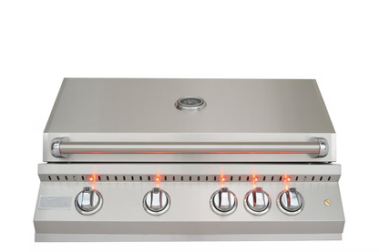 The Kokomo Grills 32-Inch Professional Built-In Gas Grill (4 Burner) features a stainless steel design, closed lid with built-in thermometer, and five orange-lit control knobs—ideal for any outdoor kitchen.