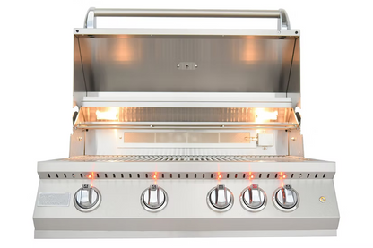 The Kokomo Grills 32-Inch Professional Built-In Gas Grill (4 Burner) features four control knobs, an open lid, grill grates, and internal lights to illuminate your cooking area—ideal for any outdoor kitchen.