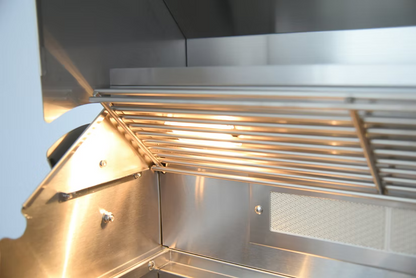 Close-up of a modern stainless steel range hood, ideal for an outdoor kitchen with the Kokomo Grills 32-Inch Professional Built-In Gas Grill (4 Burner). Features built-in light, metal grates, and mesh filter with a clean, reflective look.