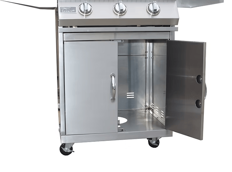 The Kokomo Grills 3 Burner 26-Inch Cart Model BBQ Grill features stainless steel construction, an open cabinet with two doors (one open), locking casters, and convenient control knobs—ideal for your outdoor kitchen setup.