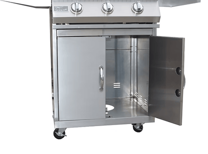 The Kokomo Grills 3 Burner 26-Inch Cart Model BBQ Grill features stainless steel construction, an open cabinet with two doors (one open), locking casters, and convenient control knobs—ideal for your outdoor kitchen setup.
