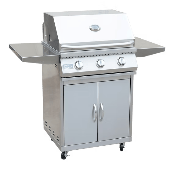 The Kokomo Grills 3 Burner 26-Inch Cart Model BBQ Grill features a stainless steel body, three control knobs, two side shelves, a double-door lower cabinet, and locking casters—ideal for your outdoor kitchen. Shown on a plain white background.