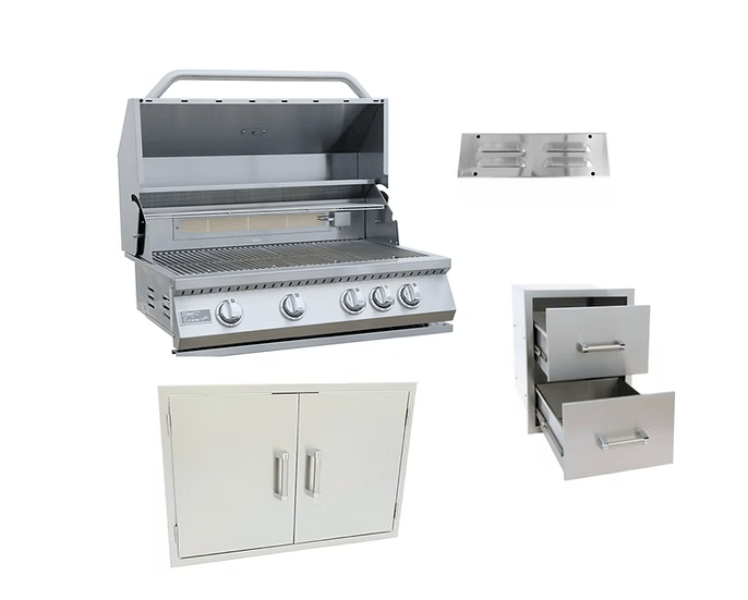 The Kokomo Grills 4-Piece Outdoor Kitchen Set features a built-in BBQ grill with four knobs, spacious double-door cabinets, double drawers, and a vent—all from Kokomo Grills and isolated on a white background.