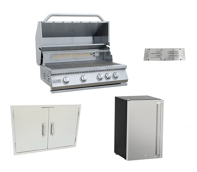 The Kokomo Grills 4-Piece Outdoor Kitchen Set includes a built-in grill, double doors, fridge, and vent—an ideal package for your patio, all showcased individually on a white background.