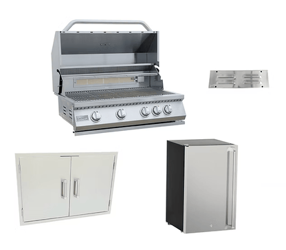 The Kokomo Grills 4-Piece Outdoor Kitchen Set includes a built-in grill, double doors, fridge, and vent—an ideal package for your patio, all showcased individually on a white background.