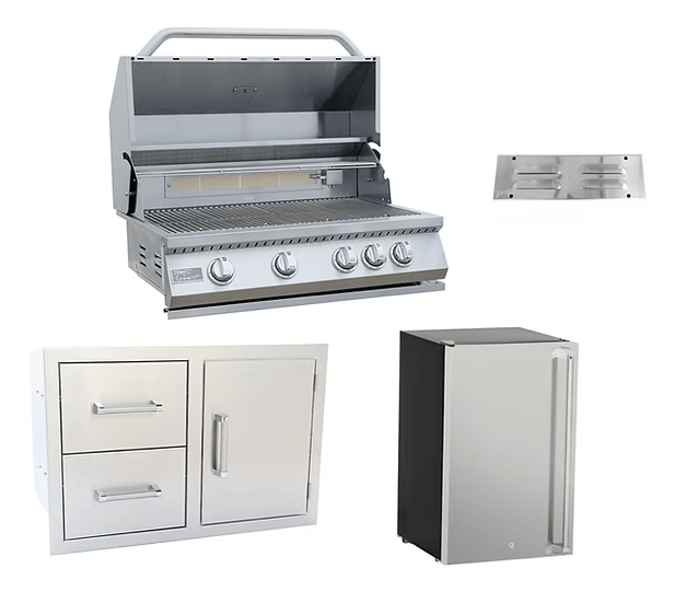 The Kokomo Grills 4-Piece Outdoor Kitchen Set by Kokomo Grills features a built-in BBQ grill with open lid, two-drawer and one-door cabinet, small refrigerator, and vent panel. All items are shown isolated on a white background.