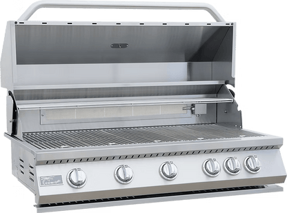 The Kokomo Grills 40-Inch Built-In Gas Grill features five stainless steel burners, a back burner, five control knobs, a raised hood, and ample grilling space—ideal for outdoor kitchens and big barbecues.