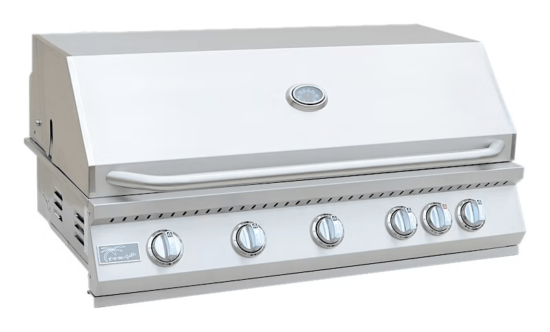 The Kokomo Grills 40-Inch Built-In Gas Grill features five burners with individual knobs, a lid thermometer, and ventilation slits. This modern stainless steel grill is ideal for outdoor kitchens and looks clean and unused.