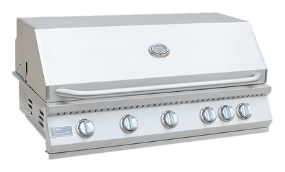 The Kokomo Grills 40-Inch Built-In Gas Grill features five burners with individual knobs, a lid thermometer, and ventilation slits. This modern stainless steel grill is ideal for outdoor kitchens and looks clean and unused.