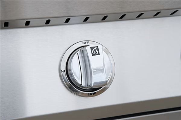 A close-up of a stainless steel control knob on the Kokomo Grills 40-Inch Built-In Gas Grill (5 Burner / Back Burner) shows high, low, and off settings with a flame icon—ideal for any outdoor kitchen setup.