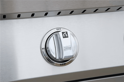 A close-up of a stainless steel control knob on the Kokomo Grills 40-Inch Built-In Gas Grill (5 Burner / Back Burner) shows high, low, and off settings with a flame icon—ideal for any outdoor kitchen setup.