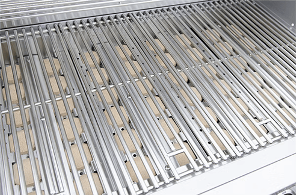 Close-up of a sparkling stainless steel grill grate with ceramic briquettes arranged below on the Kokomo Grills 40-Inch Built-In Gas Grill (5 Burner / Back Burner), ready to enhance your outdoor cooking experience.