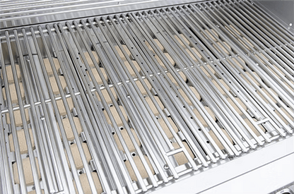Close-up of a sparkling stainless steel grill grate with ceramic briquettes arranged below on the Kokomo Grills 40-Inch Built-In Gas Grill (5 Burner / Back Burner), ready to enhance your outdoor cooking experience.