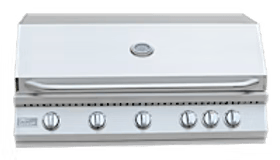 The Kokomo Grills 40-Inch Built-In Gas Grill features five burners, a back burner, stainless steel construction, and a closed lid with six control knobs and temperature gauge—ideal for any outdoor kitchen.